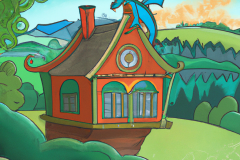 DALL·E-2023-04-15-14.24.32-A-storybook-house-with-a-small-dragon-on-the-roof-in-a-sylvan-setting-overlooking-a-valley-