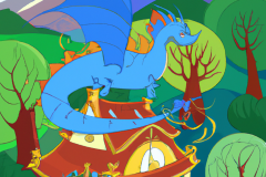 DALL·E-2023-04-15-14.26.23-A-storybook-house-with-a-small-dragon-on-the-roof-in-a-sylvan-setting-overlooking-a-valley-