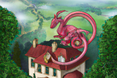 DALL·E-2023-04-15-14.26.31-A-storybook-house-with-a-small-dragon-on-the-roof-in-a-sylvan-setting-overlooking-a-valley-