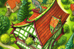 DALL·E-2023-04-15-14.26.43-A-storybook-house-with-a-small-dragon-on-the-roof-in-a-sylvan-setting-overlooking-a-valley-in-the-style-of-Escher