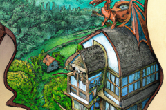 DALL·E-2023-04-15-14.26.56-A-storybook-house-with-a-small-dragon-on-the-roof-in-a-sylvan-setting-overlooking-a-valley-in-the-style-of-Escher