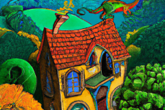 DALL·E-2023-04-15-14.27.31-A-storybook-house-with-a-small-dragon-on-the-roof-in-a-sylvan-setting-overlooking-a-valley-in-the-style-of-Van-Gogh