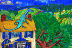 DALL·E-2023-04-15-14.27.38-A-storybook-house-with-a-small-dragon-on-the-roof-in-a-sylvan-setting-overlooking-a-valley-in-the-style-of-Van-Gogh