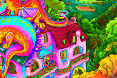 DALL·E-2023-04-15-14.28.06-A-storybook-house-with-a-small-dragon-on-the-roof-in-a-sylvan-setting-overlooking-a-valley-in-the-style-of-Peter-Maxx-digital-art