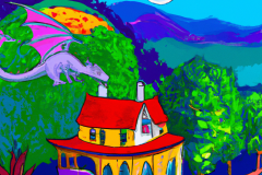 DALL·E-2023-04-15-14.28.14-A-storybook-house-with-a-small-dragon-on-the-roof-in-a-sylvan-setting-overlooking-a-valley-in-the-style-of-Peter-Maxx-digital-art