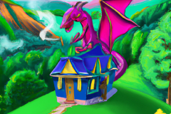 DALL·E-2023-04-15-14.28.33-A-storybook-house-with-a-small-dragon-on-the-roof-in-a-sylvan-setting-overlooking-a-valley-in-the-style-of-Peter-Maxx-digital-art