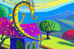 DALL·E-2023-04-15-14.28.42-A-storybook-house-with-a-small-dragon-on-the-roof-in-a-sylvan-setting-overlooking-a-valley-in-the-style-of-Peter-Maxx