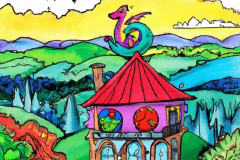 DALL·E-2023-04-15-14.28.48-A-storybook-house-with-a-small-dragon-on-the-roof-in-a-sylvan-setting-overlooking-a-valley-in-the-style-of-Peter-Maxx