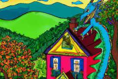 DALL·E-2023-04-15-14.28.55-A-storybook-house-with-a-small-dragon-on-the-roof-in-a-sylvan-setting-overlooking-a-valley-in-the-style-of-Peter-Maxx