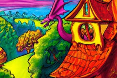 DALL·E-2023-04-15-14.29.18-A-storybook-house-with-a-dragon-on-the-roof-in-a-sylvan-setting-overlooking-a-valley-in-the-style-of-Peter-Maxx