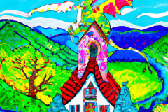 DALL·E-2023-04-15-14.29.25-A-storybook-house-with-a-dragon-on-the-roof-in-a-sylvan-setting-overlooking-a-valley-in-the-style-of-Peter-Maxx