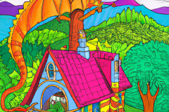 DALL·E-2023-04-15-14.29.39-A-storybook-house-with-a-dragon-on-the-roof-in-a-sylvan-setting-overlooking-a-valley-in-the-style-of-Peter-Maxx